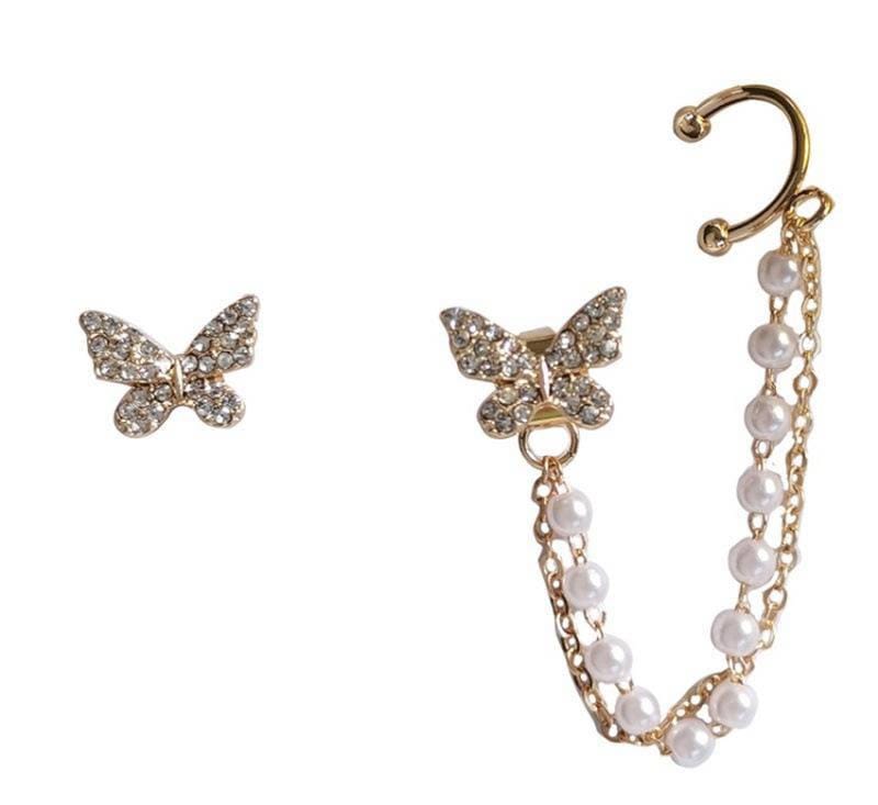 Single Ear Butterfly Metal Chain Tassel Stud Earrings