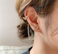 Single Ear Butterfly Metal Chain Tassel Stud Earrings