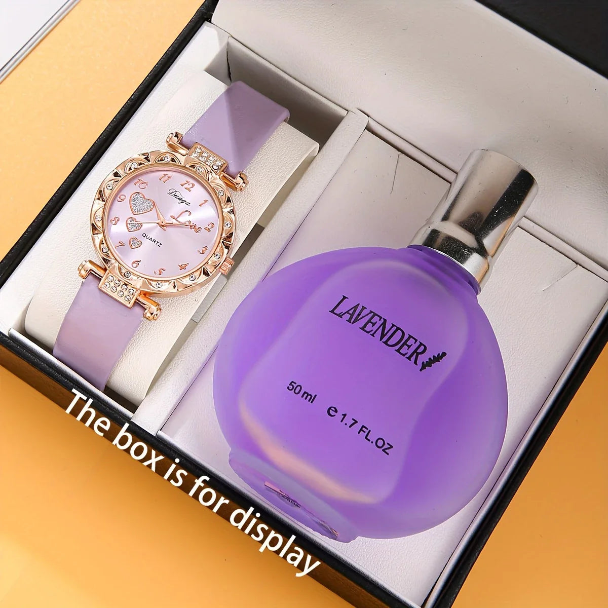 Elegant Women'S Quartz Watch & Lavender Scented Perfume Set - Round Zinc Alloy Case, Faux Leather Strap, 50ml Perfume Bottle
